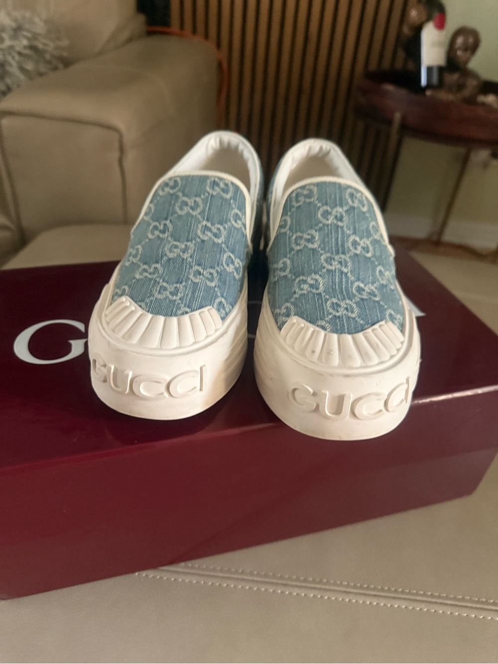 Women's Denim Monogram Slip-On Sneakers in Light Blue and White